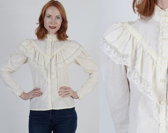 Off White Plain Gunne Sax Blouse Ivory Jessica McClintock Shirt Vintage Simple Victorian Style Gunnies Puff Sleeve Top