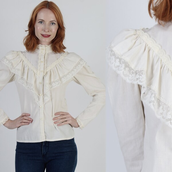 Off White Plain Gunne Sax Blouse Ivory Jessica McClintock Shirt Vintage Simple Victorian Style Gunnies Puff Sleeve Top