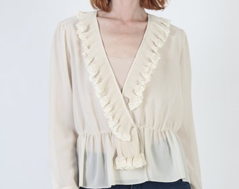 Vintage Sheer Ruffle Blouse: 80s off White Poet Sleeve Top