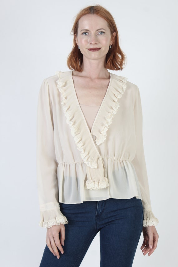 Low Cut off White Sheer Blouse, Vintage 80s Light Weight See