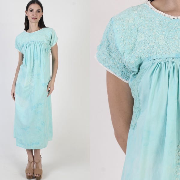 Vintage Cotton Oaxacan Dress, Embroidered Tie Dye Kaftan, Mexican Long Sundress