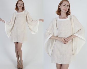 Large Kimono Sleeve Cream Mini Dress Sheer White Crochet Trim Vintage Monochrome Vacation Cover Up