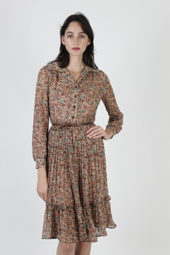 Vintage 70s Thin Brown Floral Dress / Wildflower … - image 3