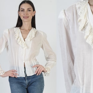 Delicate Lace Victorian Blouse, Vintage Roll Collar Antique Top, Plain Bohemian Button Up Antique Shirt