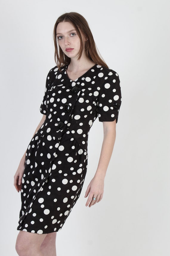 Black Polka Dot Dress / 1980s White Spotted Wiggl… - image 3