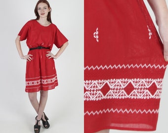 Ethnic South American Dress Red Woven Embroidered Traditional Festival Mini Dress