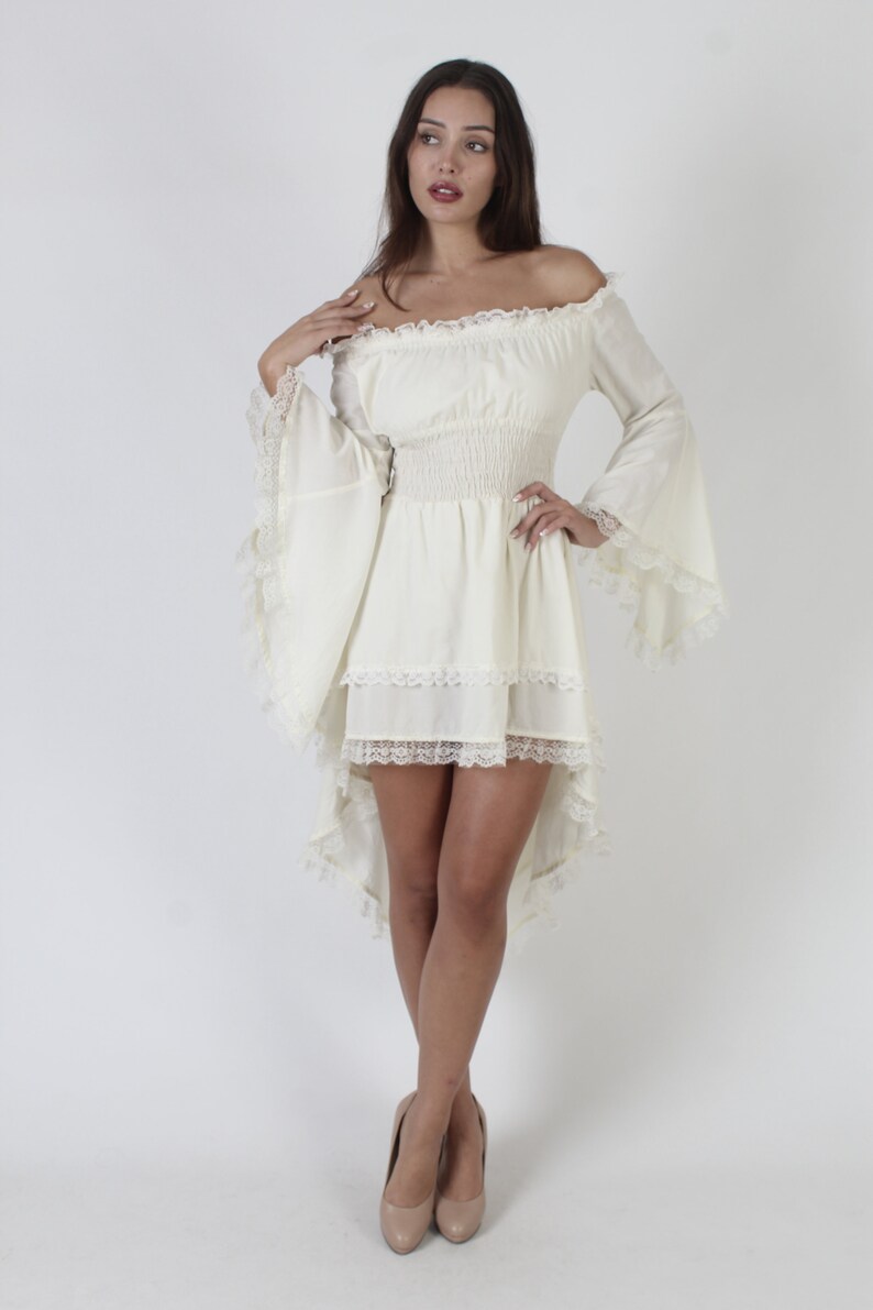 Sexy Gypsy Style Angel Sleeve Mini Dress, Hi Low Asym Hemline, Off The Shoulder Smocked Micro Mini, Medieval Times Kimono image 2