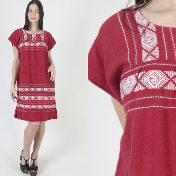 Zig Zag Print Guatemalan Dress / Vintage Cotton Aztec Embroidered Shift / Striped White Maroon Mexican Woven Cover Up