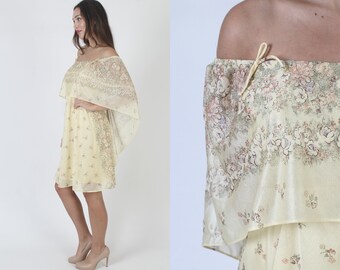 Minivestido capelet amarillo fino con hombros descubiertos, traje disco floral transparente vintage de los años 70, vestido de verano con espalda abierta de vanguardia