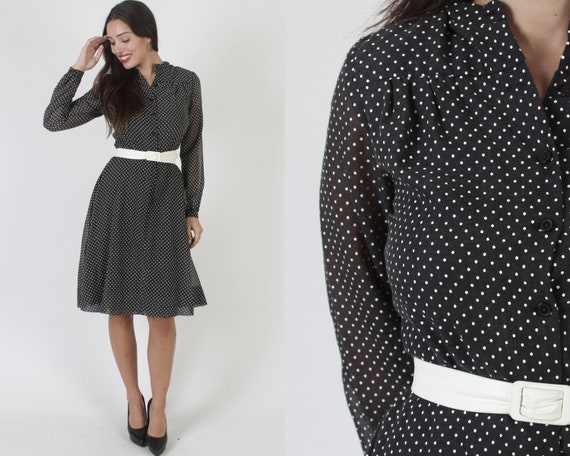 70s Black Sheer Wear to Work Dress Tiny White Polka Swiss Dot