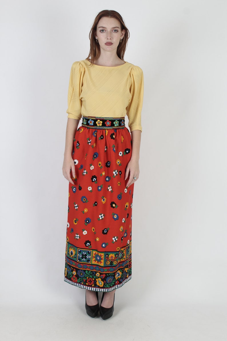 70s Renaissance Style Velvet Floral Skirt / Colorful Embroidered High Waistband / Pencil Column Long Maxi image 2