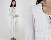 Gunne Sax Bridal Maxi Dress Jessica MClintock Ivory Lace Dress With Corset Tiered Long Simple Wedding Gown Billowy Poet Sleeves