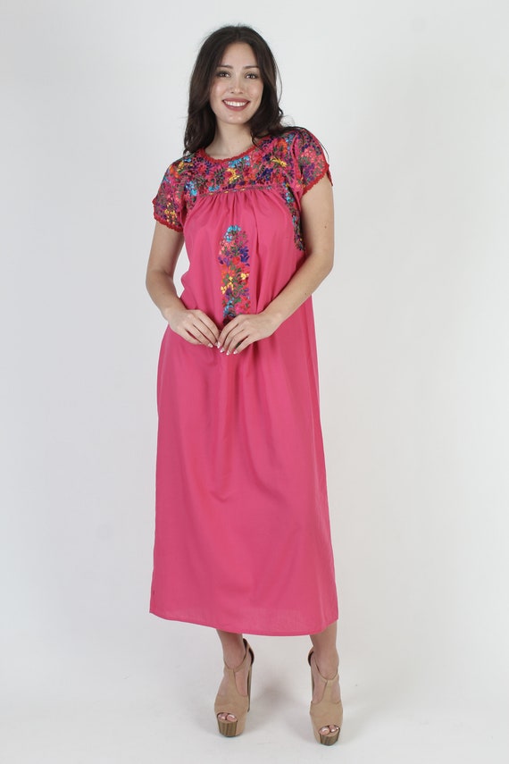 Pink Oaxacan Embroidered Maxi Dress / Mexican Flo… - image 2