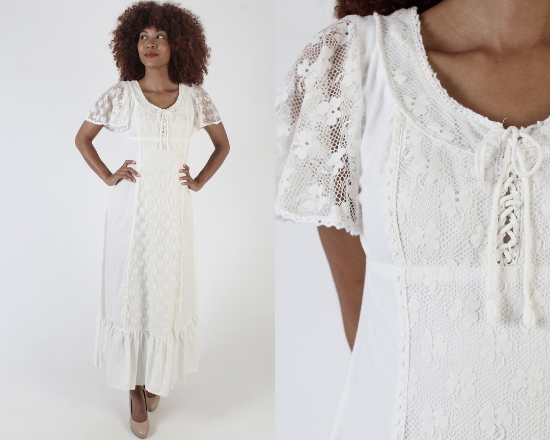 70s yellow floral lace prairie dress with metal zipper
