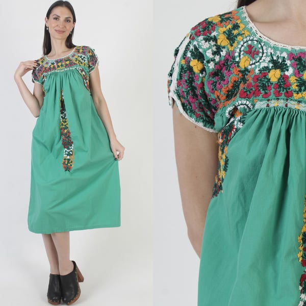 Mexican Hand Embroidered Oaxacan Dress, Floral Green Caftan, San Antonio Kaftan