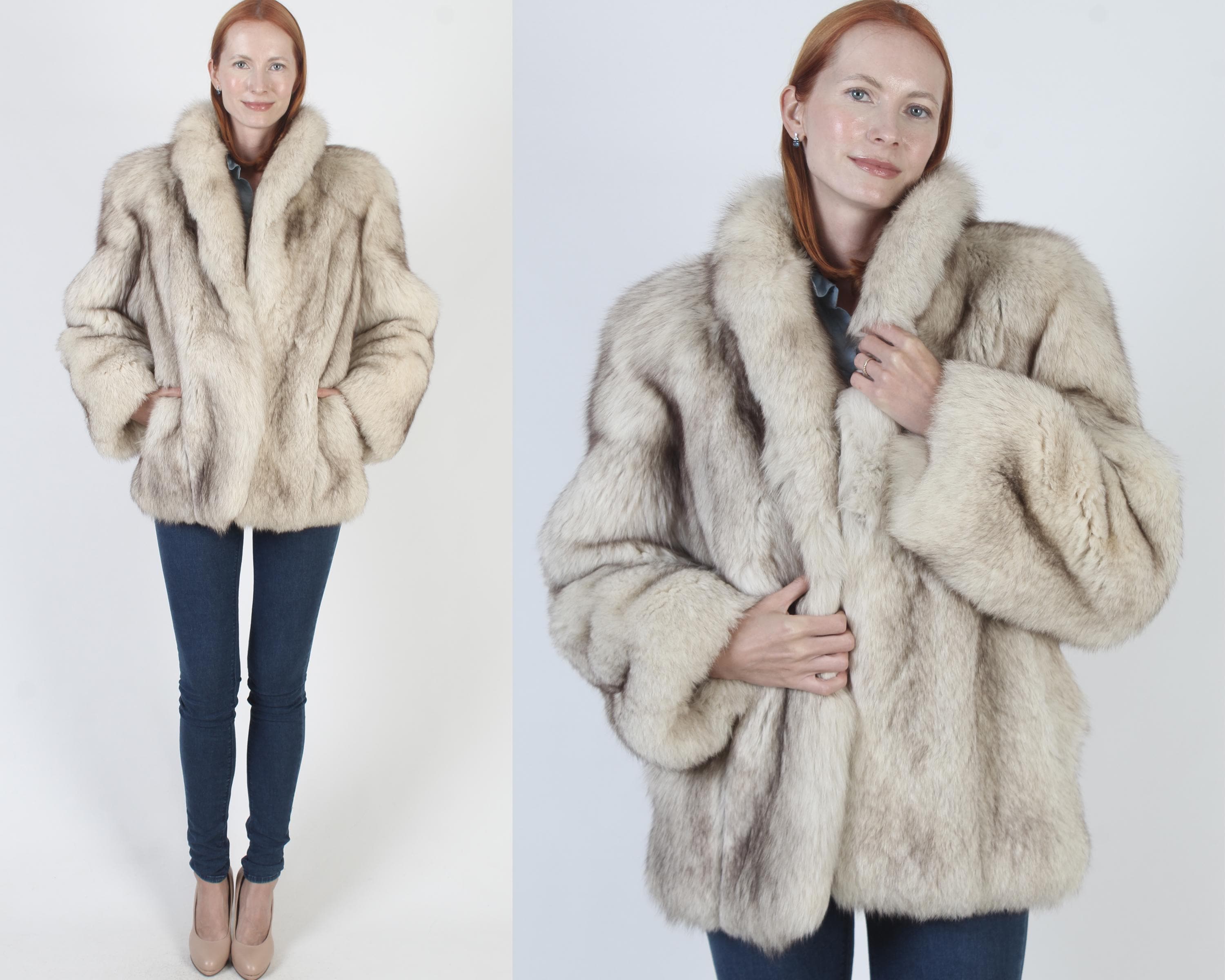 Plush Saga Arctic Fox Fur Jacket, Ivory Shawl Collar, Womens Apres