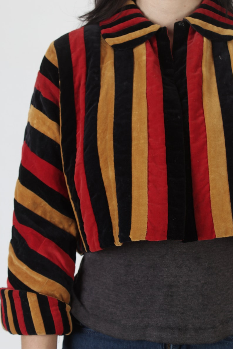 Cropped Velvet Striped Bolero Jacket, Matador Style Vertical Lined Coat, Vintage Geometric Peter Pan Collar Overcoat image 9