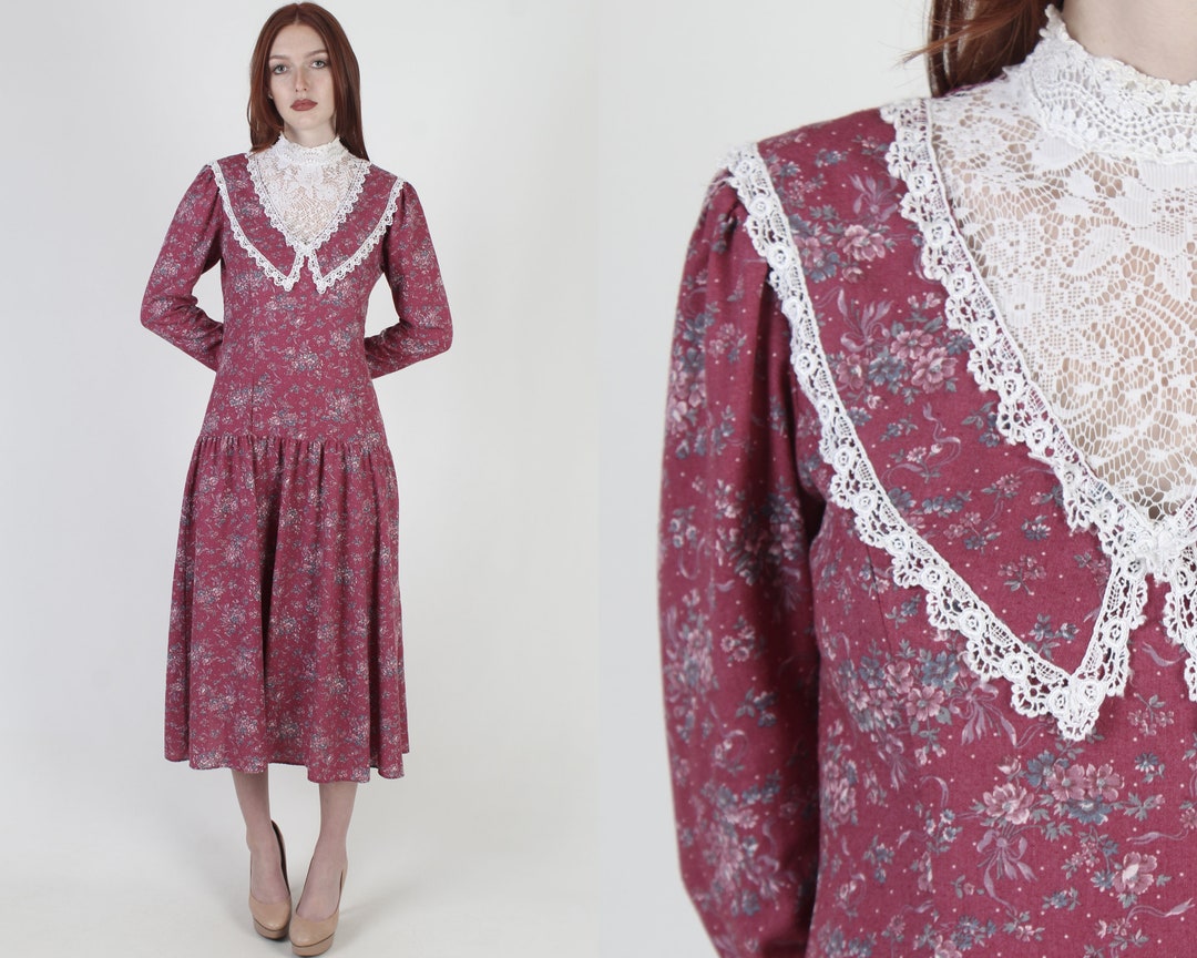 Burgundy Calico Gunne Sax Dress / 70s Country Folk Style / Ivory ...