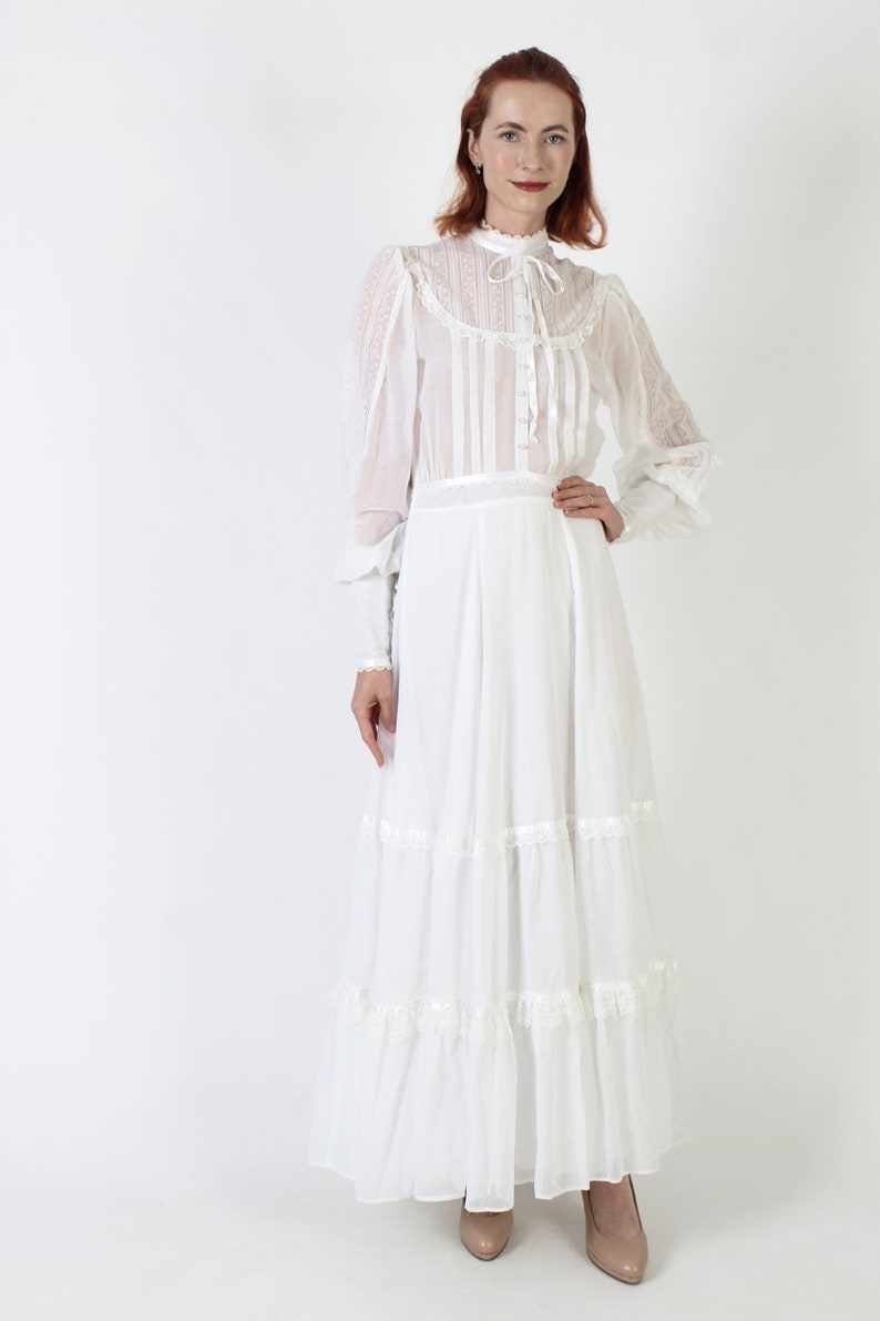 Gunne Sax Victorian Inspired Bridal Dress / Jessica McClintock All White High Neck Maxi / Vintage Old Fashioned Cottagecore Gown image 2