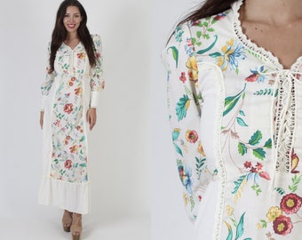 70s Rustic Cottagecore Dress, Vintage Floral Corset Maxi, White Cotton Renaissance Fair Outfit