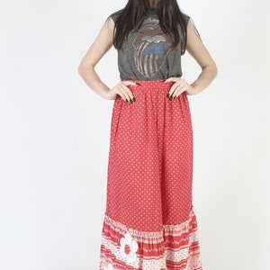 Long Cottagecore Embroidered Applique Floral Skirt, High Waisted Full A Line Fit, Red Cotton Prairie Maxi Outfit image 2