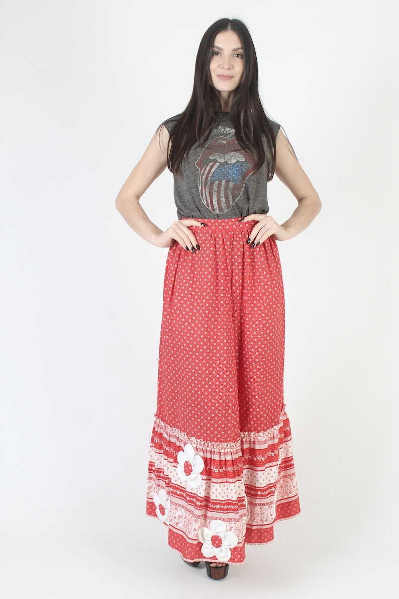 Long Cottagecore Embroidered Applique Floral Skirt, High Waisted Full A Line Fit, Red Cotton Prairie Maxi Outfit image 2