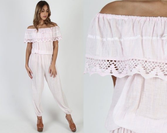Light Pink Gauze Jumpsuit / Off The Shoulder Harem