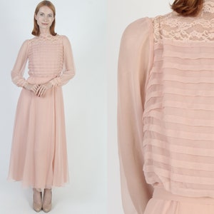 Peach Long Chiffon Dress / Pleated Thin Material / 70s Avant Garde Gown