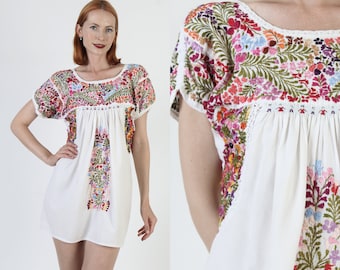 White Cotton Oaxacan Mini Dress Embroidered Short Womens Tunic Mexican Style Sundress Cover Up