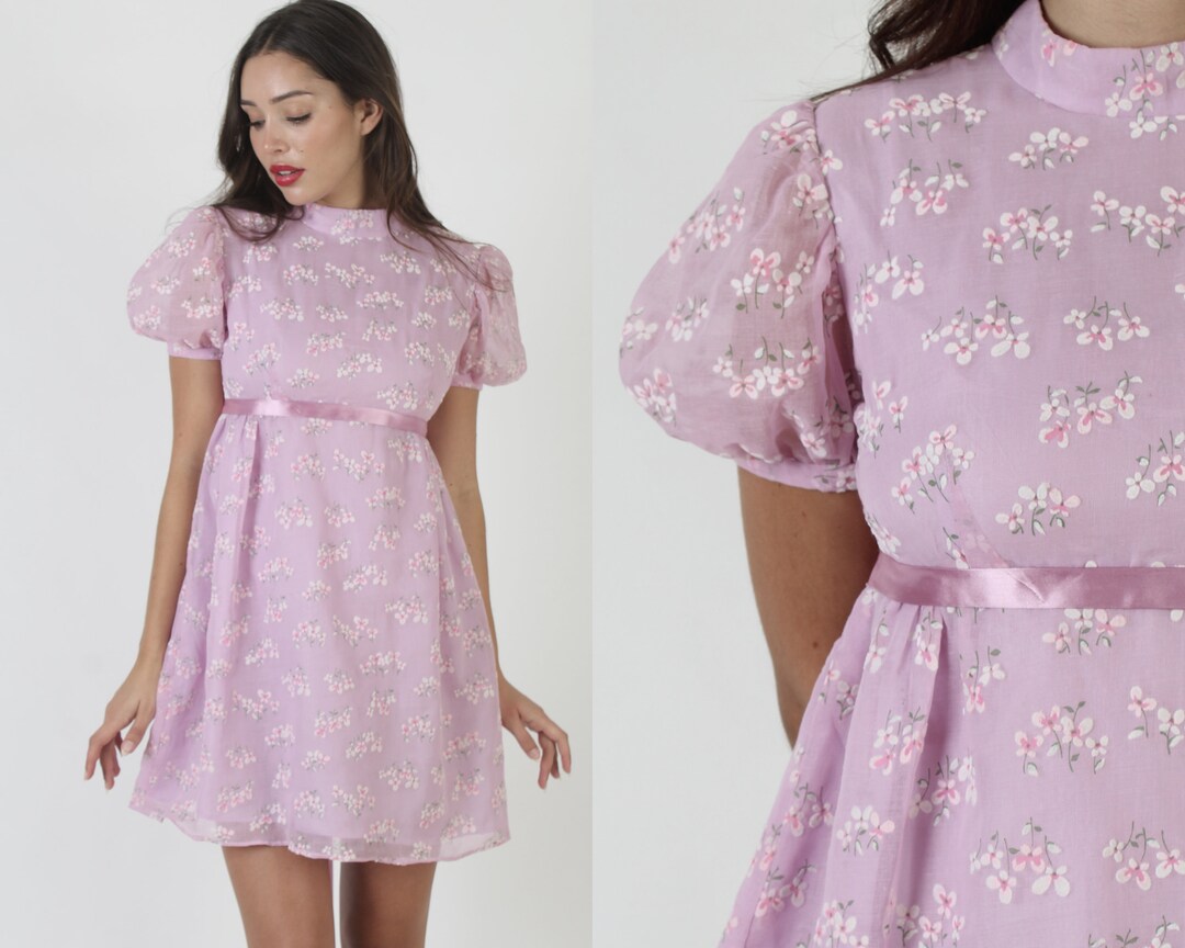 70s Velvet Daisy Floral Dress, Vintage High Waisted Short Frock