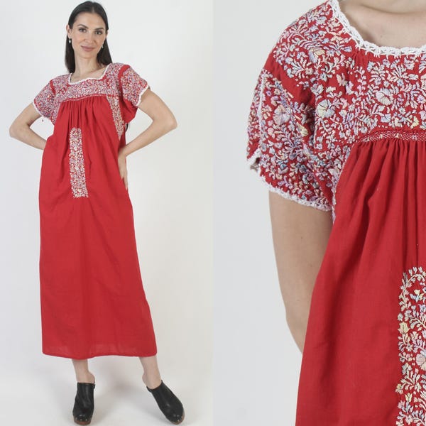 Red Oaxacan Dress, Hand Embroidered Kaftan, Ethnic Mexican Cover Up
