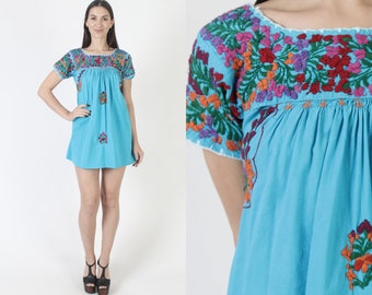 Turquoise Cotton Oaxacan Dress Bright Floral Mexican Sundress Hand Embroidered San Antonio Mini