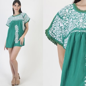 Green Oaxacan Dress, White Hand Embroidery, Dia De Los Muertos Tunic, Mexican Womens Top