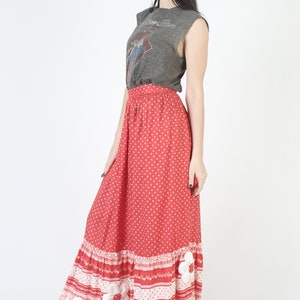 Long Cottagecore Embroidered Applique Floral Skirt, High Waisted Full A Line Fit, Red Cotton Prairie Maxi Outfit image 5