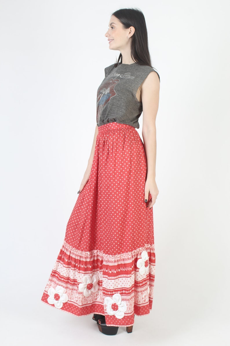 Long Cottagecore Embroidered Applique Floral Skirt, High Waisted Full A Line Fit, Red Cotton Prairie Maxi Outfit image 5