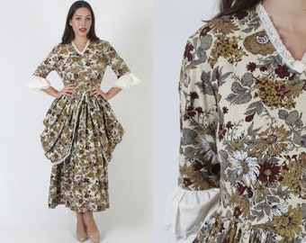 Colonial Inspired Autumn Leaf Print Maxi Dress, Plantation Style Southern Belle Gown, Vintage Country Western Bustle