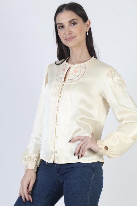 Vintage Gunne Sax Blouse, Cream Embroidered Satin… - image 5