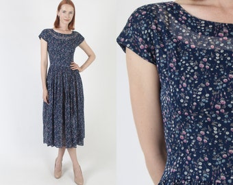 L'Aiglon 50s Simple Floral Print Sundress, Vintage Circle Skirt Summer Designer Dress, Romantic Bouquet Flower Material