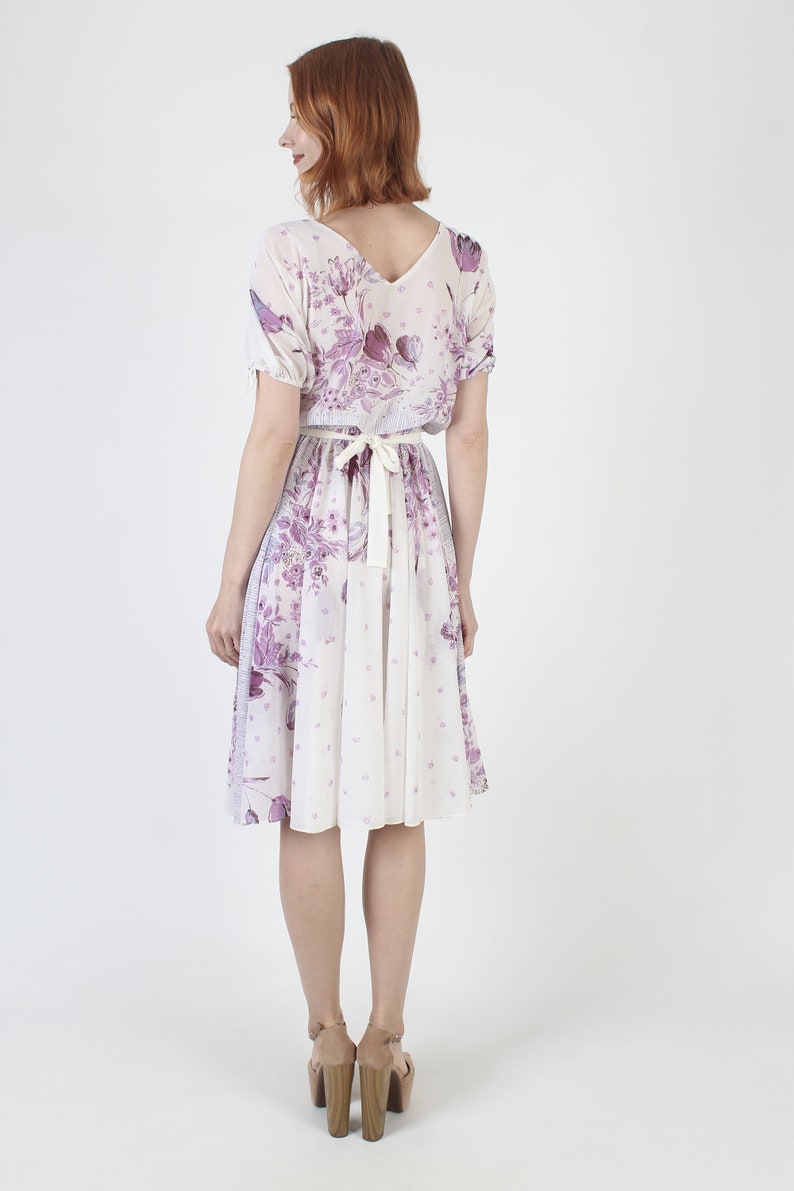 70s Thin Purple Floral Dress / Sheer Flower Full Draped Frock / Lightweight Airy Midi Sundress image 6