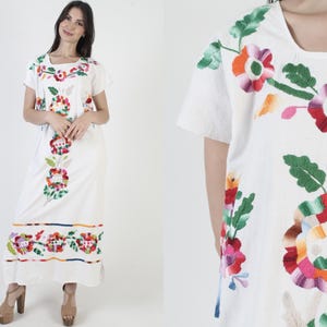 White Embroidered Mexican Dress, Floral Cotton Birds Sundress, Cotton Beachwear Cover Up