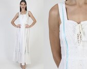 White Lace Up Corset Dress, Vintage Renaissance Faire Style, 70s Embroidered Eyelet Gown