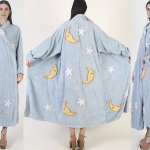 Canyon Group By Damze Moon and Stars Robe, Chenille Nightgown With Pockets, Size S