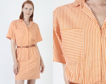 Vertical Orange Striped Menswear Dress / 80s Minimalist Wear To Work Outfit / Vintage Secretary Style Button Up Frock