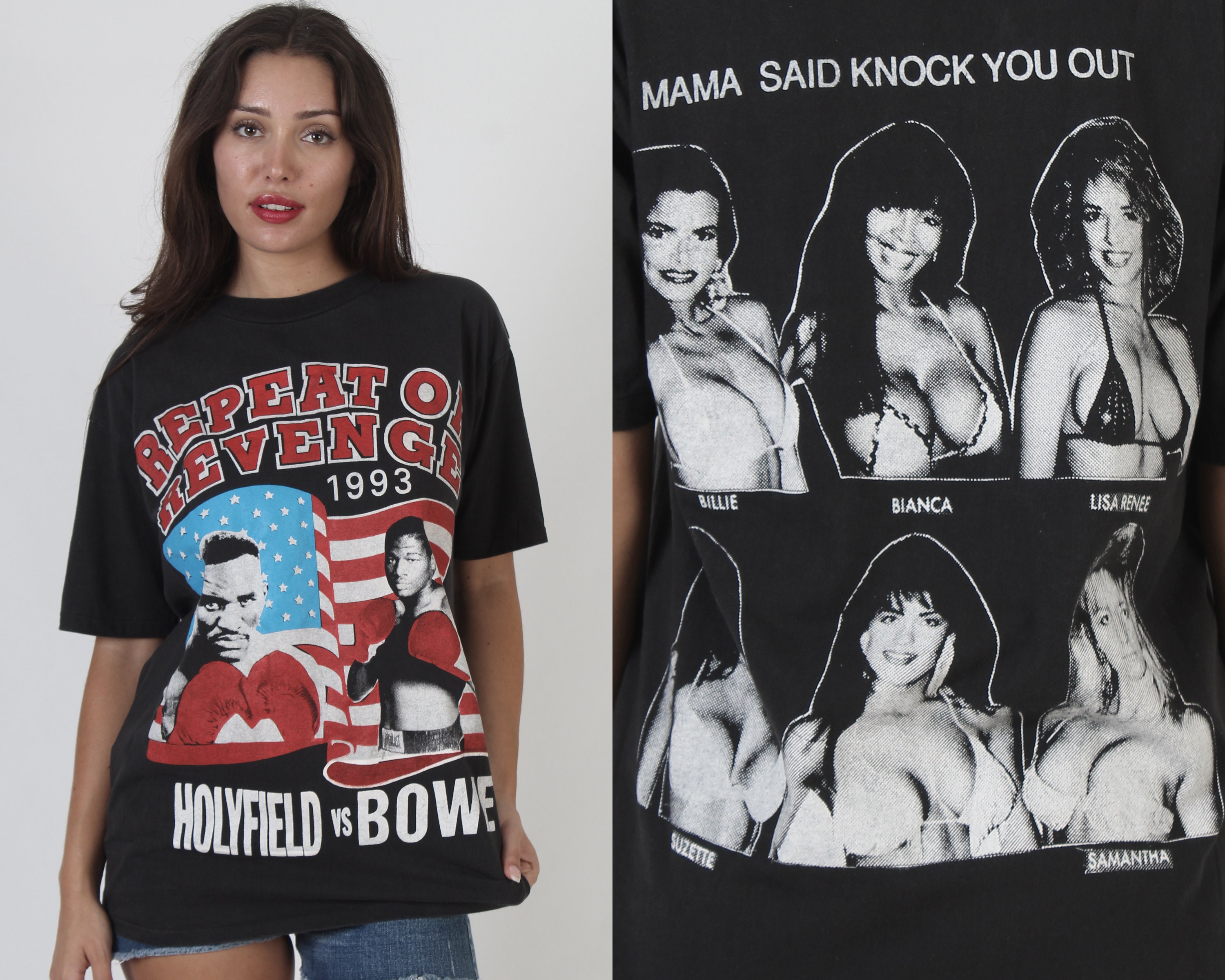 Vintage 90s Holyfield Bowe Boxing T Shirt, Mama Said Knock You Out Ring Girl Graphic, 2 Sided Boxer T Shirt Large L