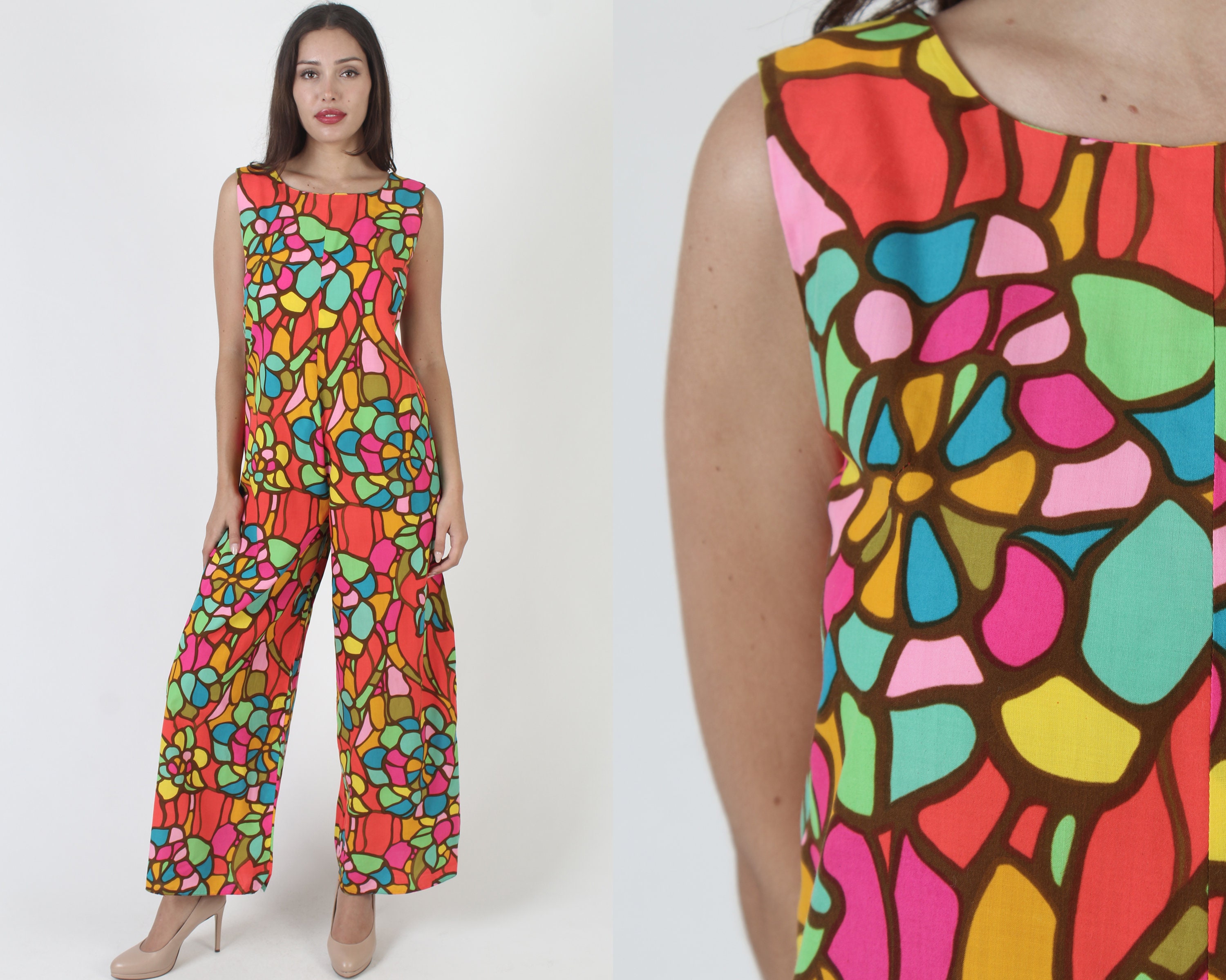 Hookano Hawaii Colorful Wide Leg Jumpsuit, Vintage 60s Designer 