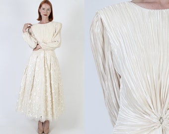 George F Couture Designer Dress Vintage 80s Accordion Pleated Wedding Gown Full Applique Embroidered Prom Gown 12