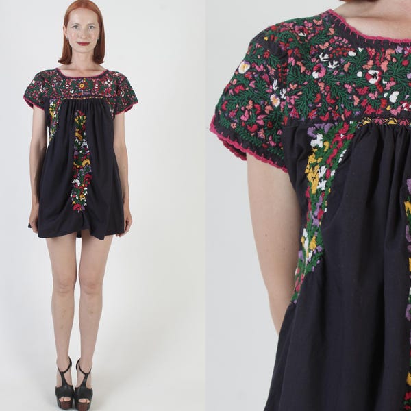 Navy Blue Oaxacan Dress, Womens Mexican Tunic, San Antonio Sundress, Floral Hand Embroidered