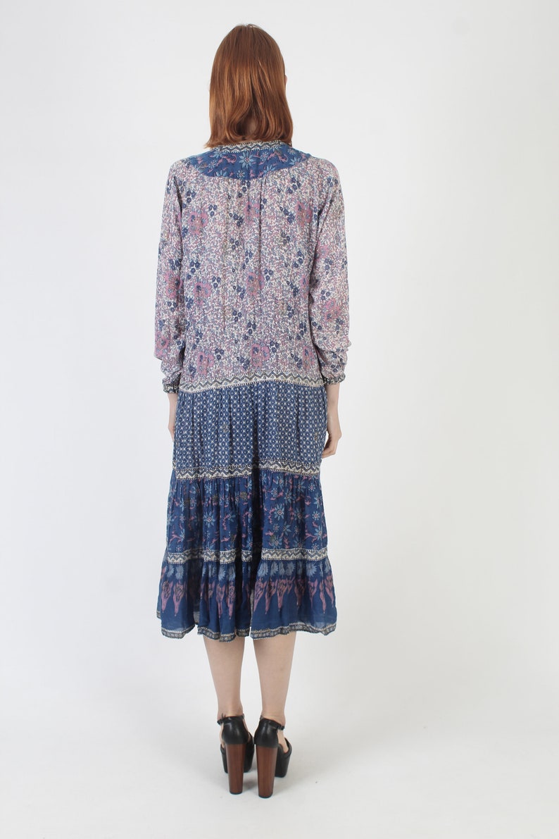 Authentic Kaiser Brand India Guaze Dress / Thin Purple Floral Block Print Cotton / Ethnic Sheer Summer Midi Size S image 6