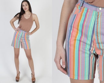 90s Pastel Rainbow Striped Denim High Rise 5 Pocket Jean Shorts