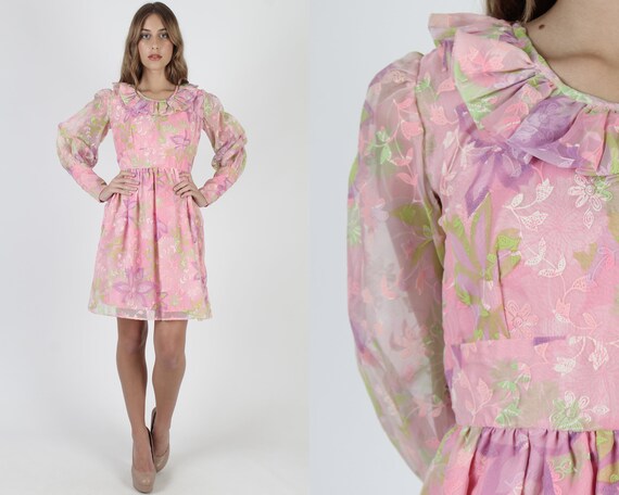 Vintage 70s Velvet Floral Dress / Sheer Pink Chiff